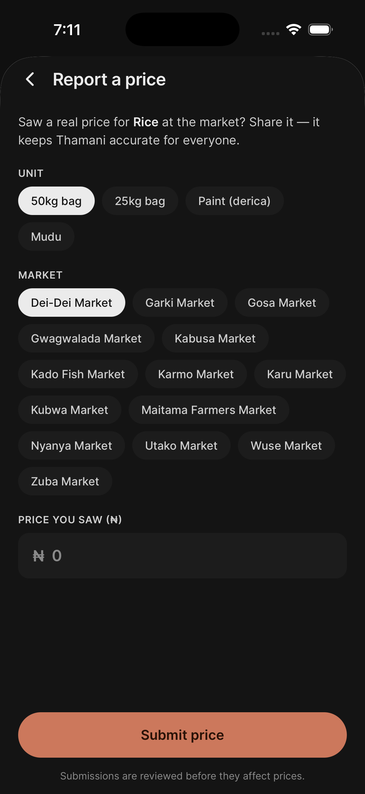 Thamani app — reporting a price seen at the market, with the market and amount filled in.